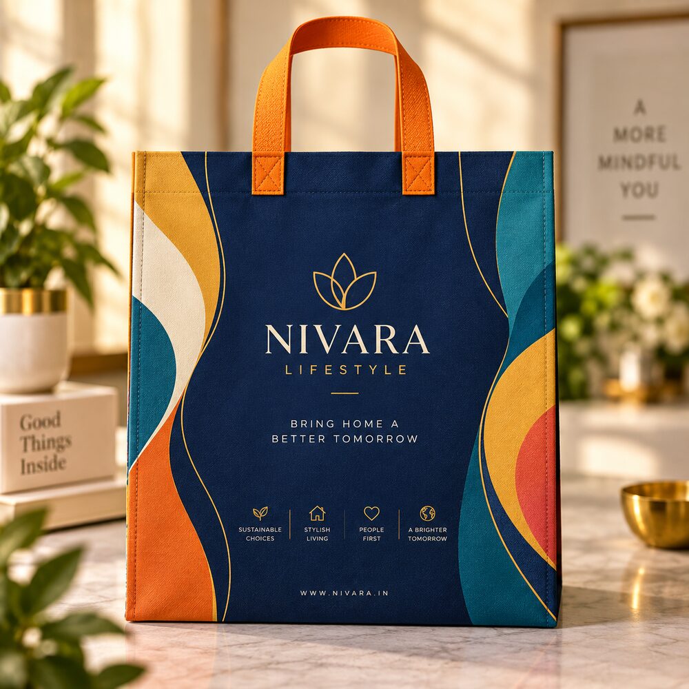 Colored Non-Woven Bags printed with a placeholder brand design