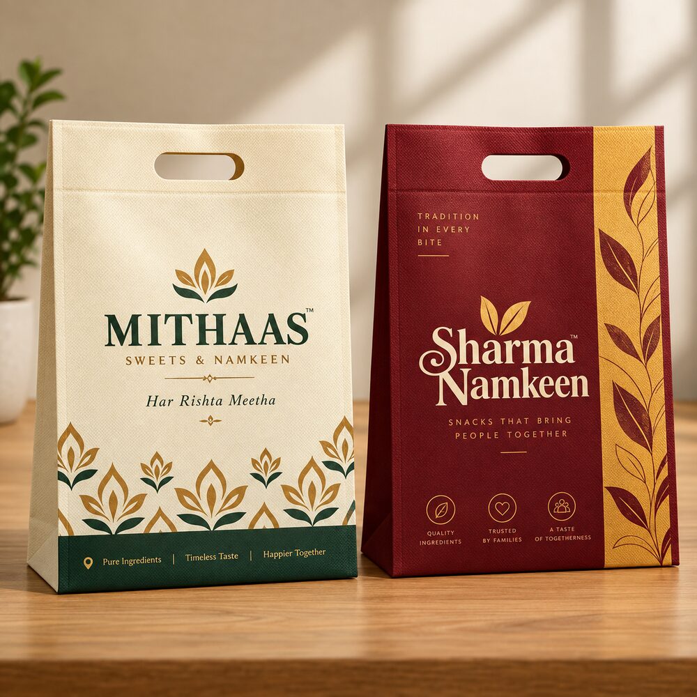 D-Cut Non-Woven Bags printed with a placeholder brand design