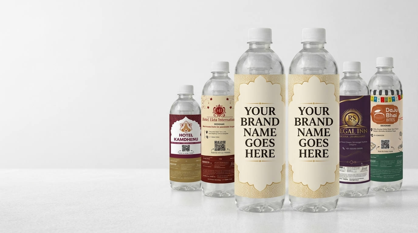 Custom branded drinking water bottle with a printed label placed on a restaurant table