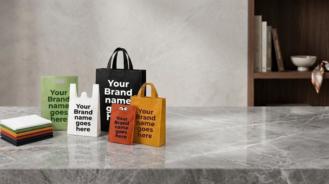 A line-up of non-woven bags in different styles and colours printed with a placeholder brand name