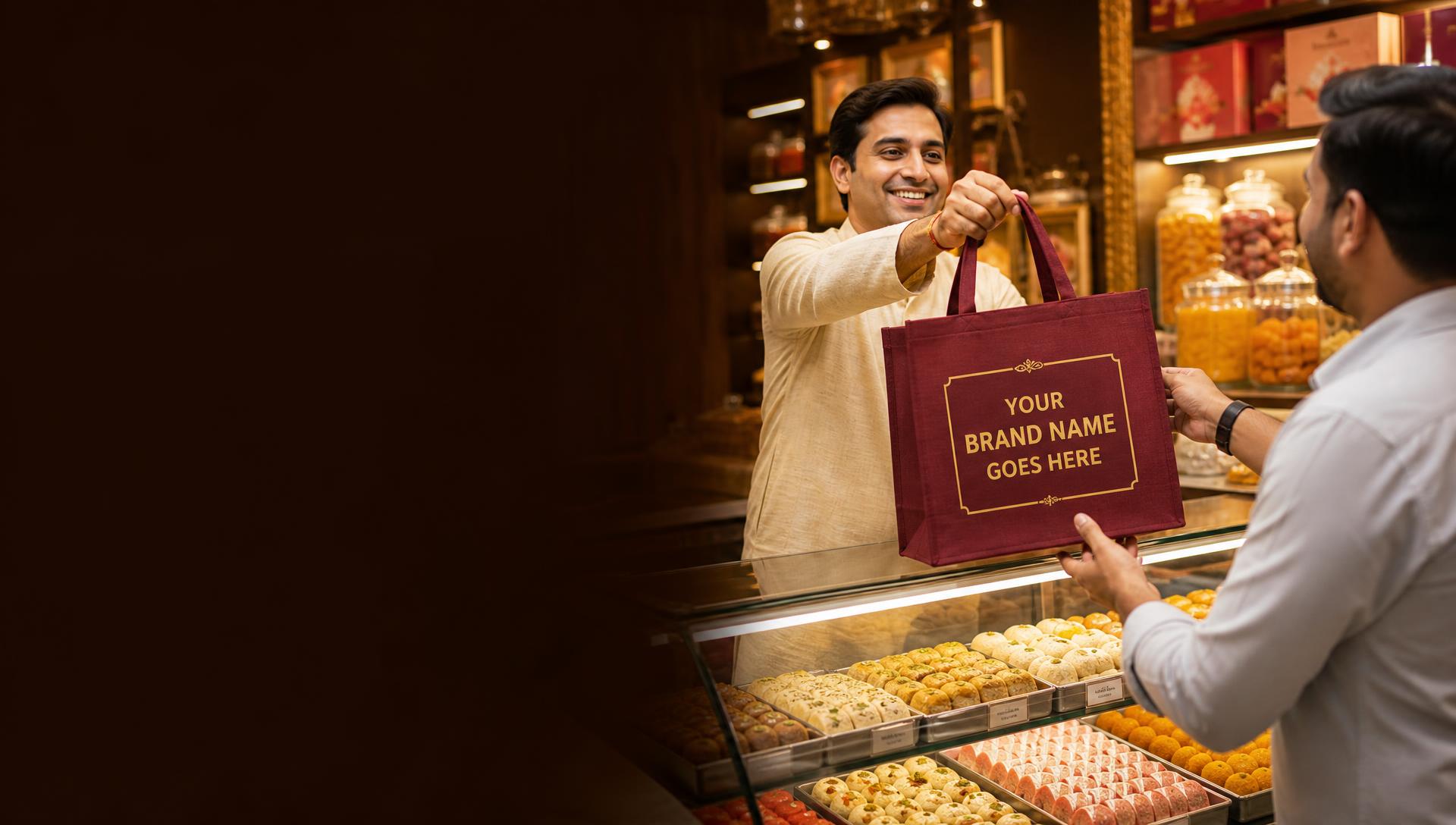 A sweet shop staff member handing a printed non-woven bag to a customer