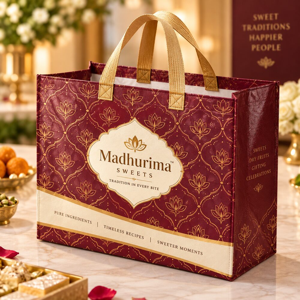 Laminated Non-Woven Bags printed with a placeholder brand design