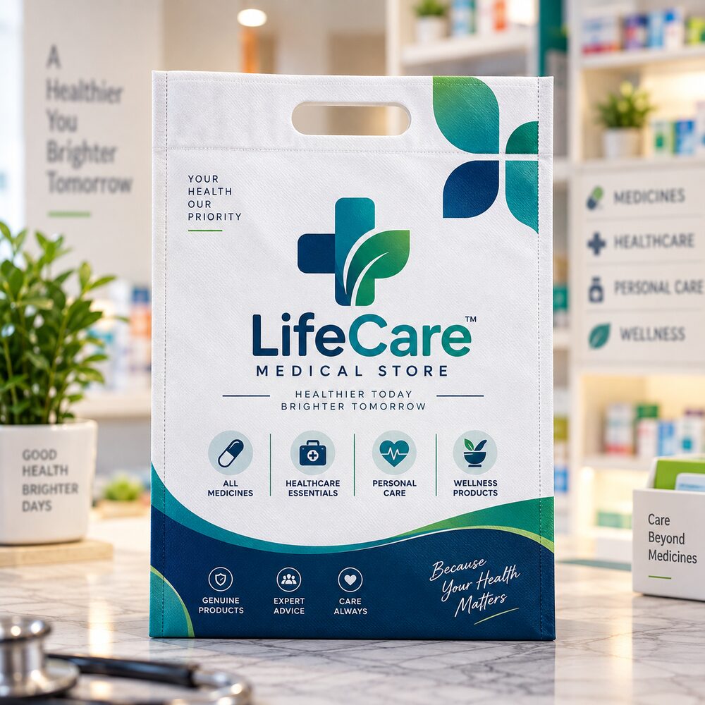 Pharma Industry Non-Woven Bags printed with a placeholder brand design