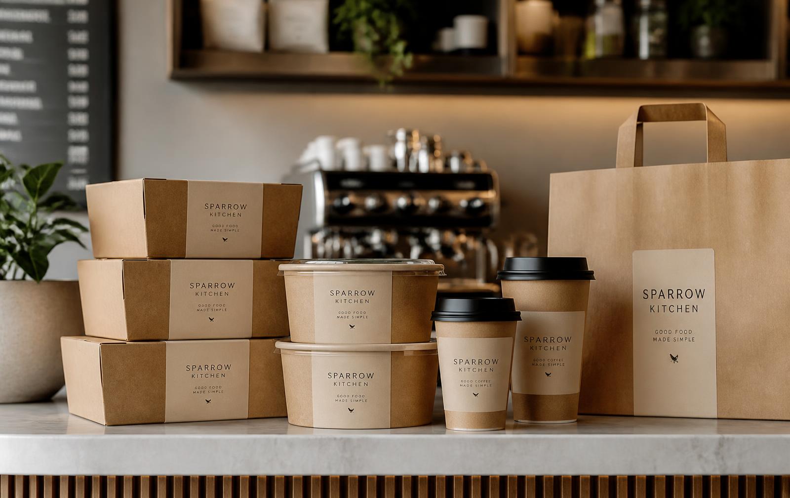 Branded takeaway food boxes, cups and a carry bag on a café counter