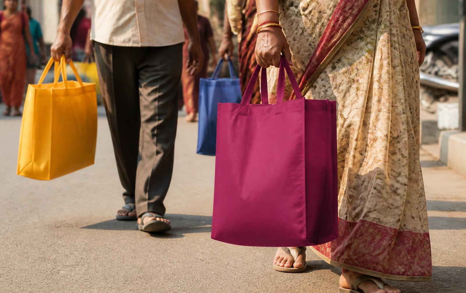 Shoppers on an Indian street carrying coloured non-woven carry bags