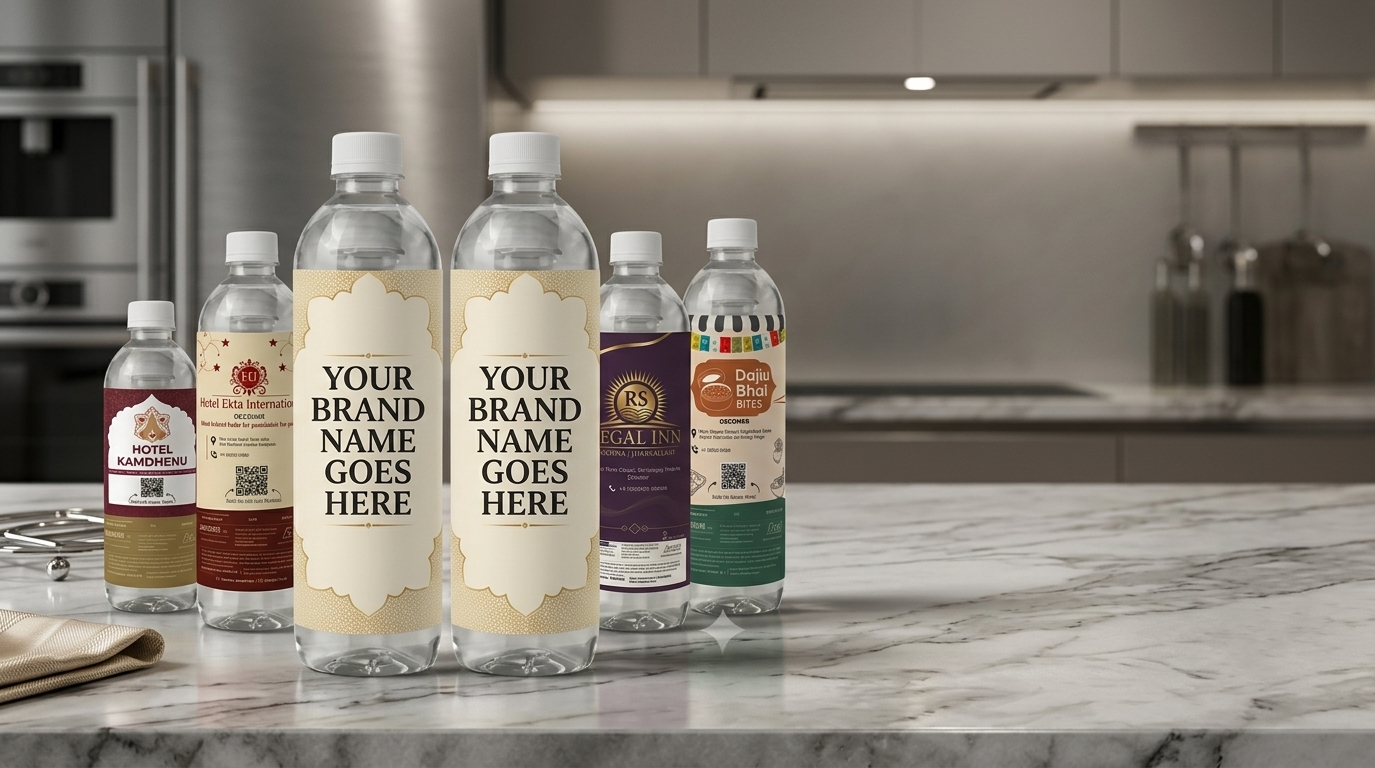 Custom branded drinking water bottle with a printed label placed on a restaurant table