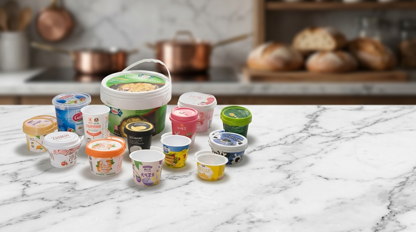 Branded food packaging set including containers, cups and a takeaway box with printed logos