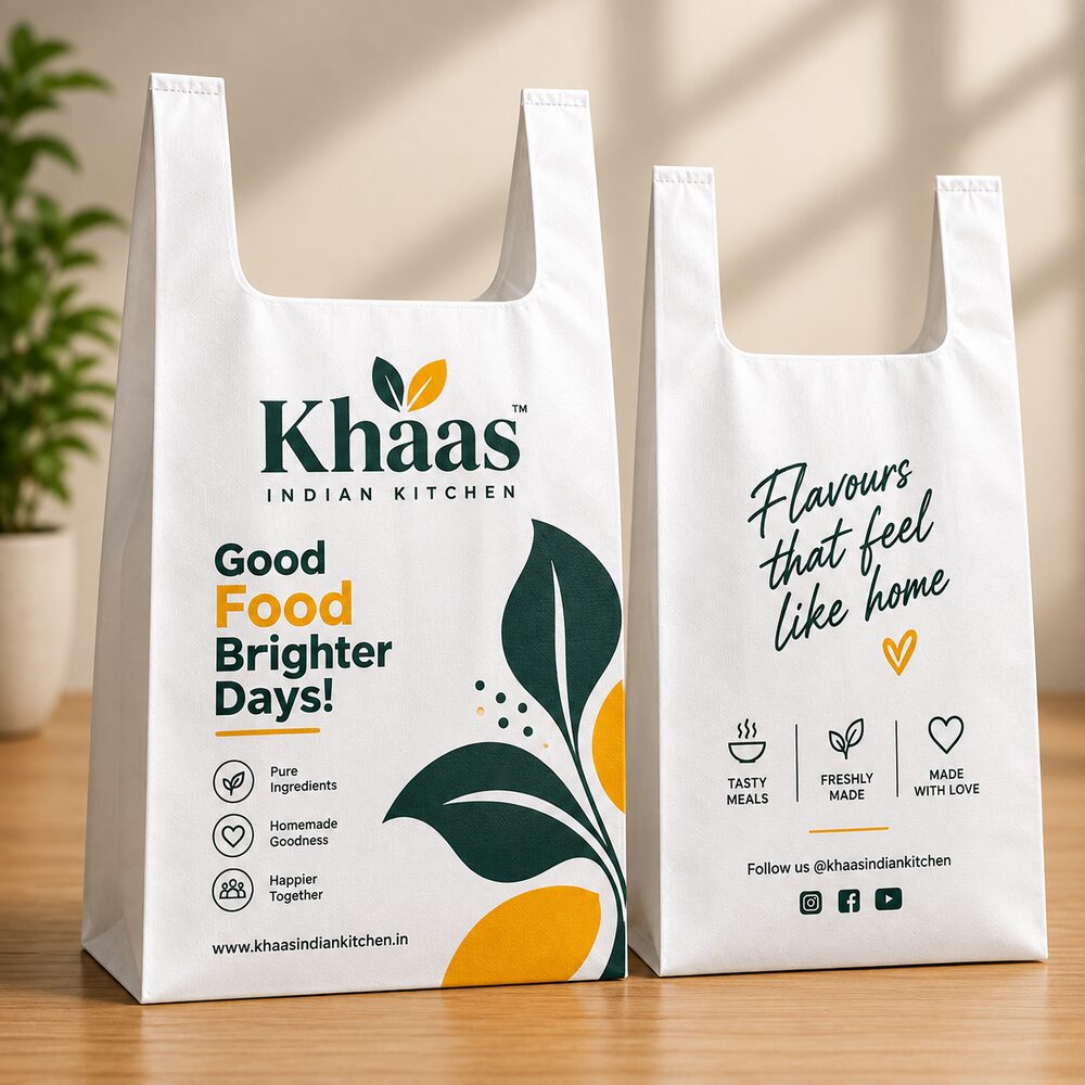 W-Cut Non-Woven Bags printed with a placeholder brand design